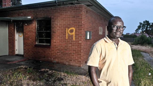 OCTOBER 17, 2024: Nelson St Kilburn resident Benjamin outside a burnt Trust house. Picture: Brenton Edwards