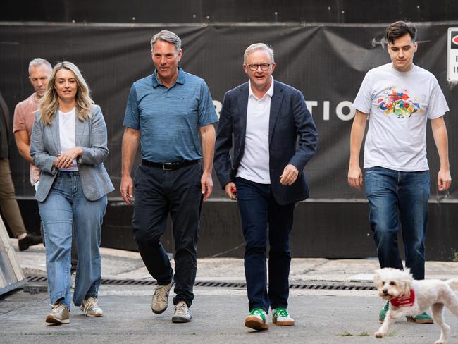 The Prime Minister pictured with partner Jodie Haydon, son Nathan Albanese and Toto and Deputy Prime Minister Richard Marles visiting Willie the Boatman in St Peters. Picture: NewsWire / Monique Harmer