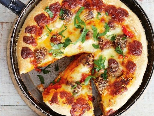 Deep-dish Italian meatball pizza.