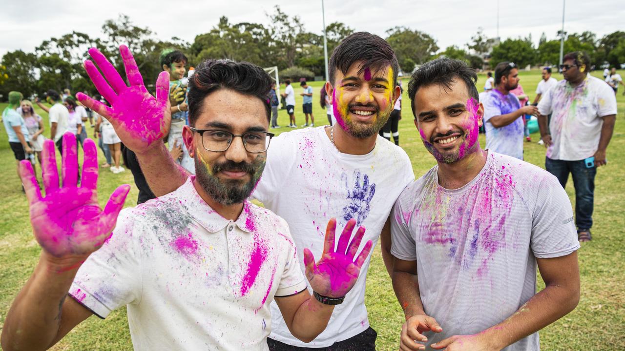 Celebrating Holi are (from left) Nikesh Giri, Bishal Bhandari and Janak Khadka as Toowoomba Indian and Nepalese communities unit for the festival of colours, Saturday, March 23, 2024. Picture: Kevin Farmer