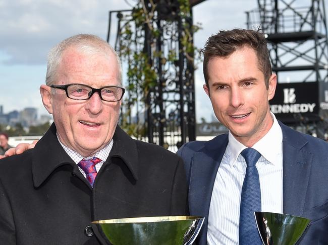 Mick Price and Michael Kent jnr  after winning  the PFD Food Services Makybe Diva Stakes at Flemington Racecourse on September 10, 2022 in Flemington, Australia. (Photo by Brett Holburt/Racing Photos via Getty Images)