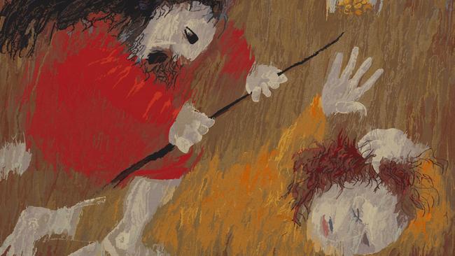 Arthur Boyd, designer, Tapeçarias de Portalegre, manufacturer, St Francis being beaten by his father 1973, tapestry, National Gallery of Australia, Canberra. Reproduced with the permission of Bundanon Trust.