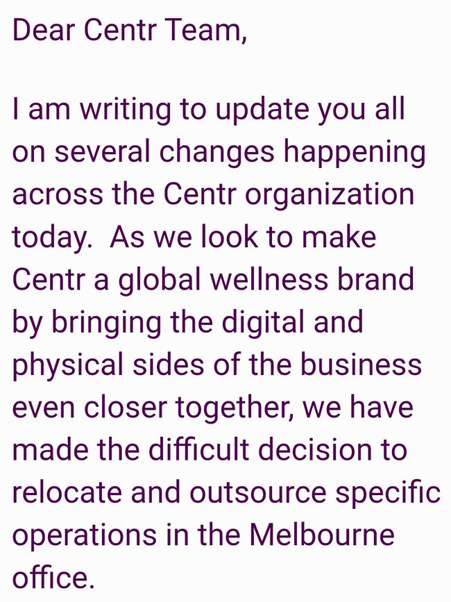 Email from Centr CEO Andrew Sugerman.