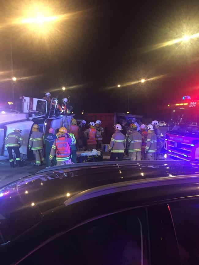 Emergency services at the scene of a truck crash at Glen Osmond. Picture: Elisa Black