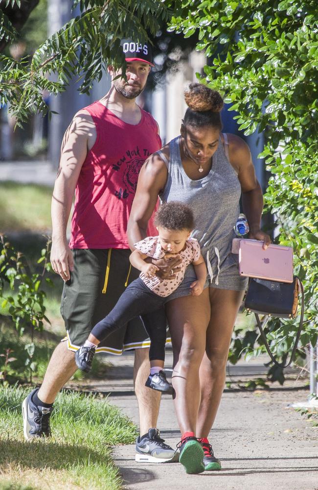 Serena Williams with Alexia Olympia, 1, and her husband, Alexis Ohanian. Picture: Media Mode