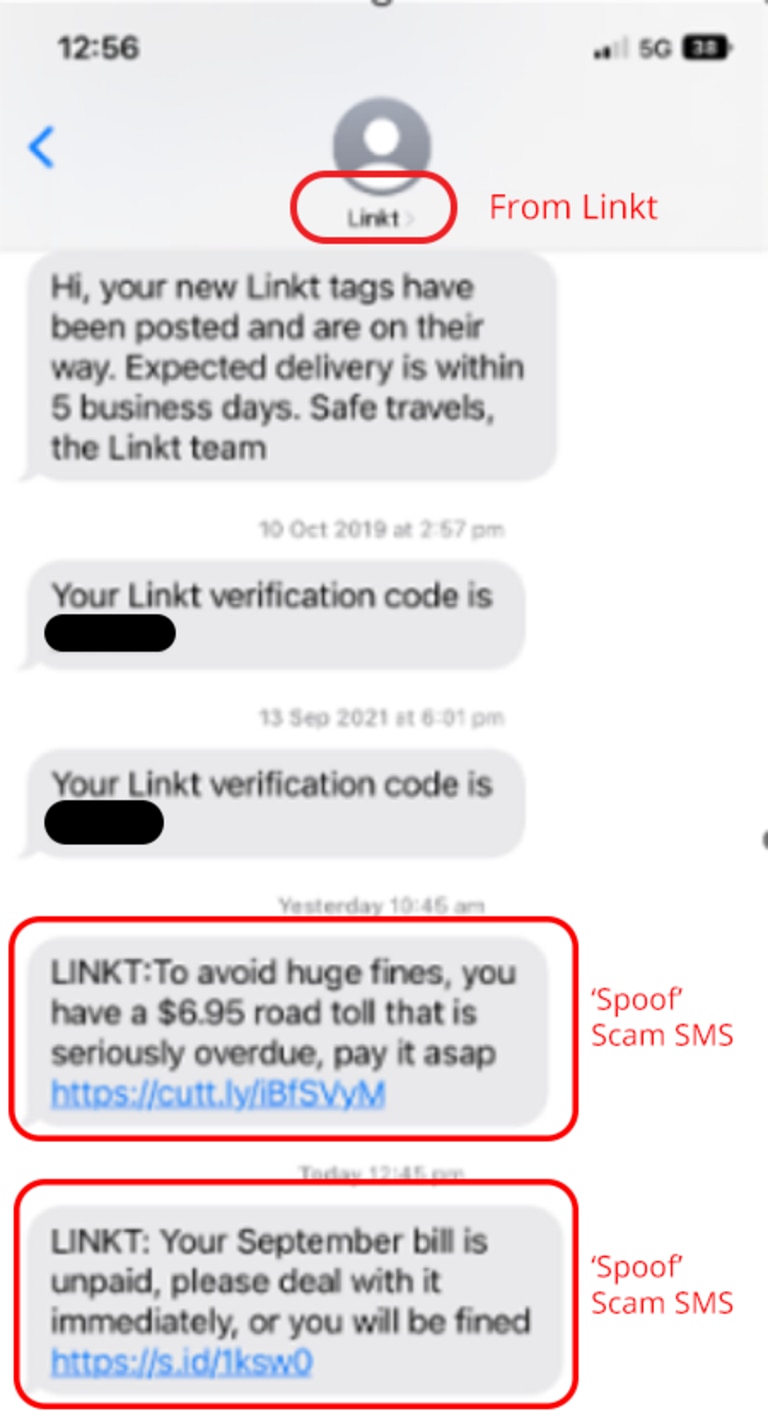 Some texts use a spoofing technique that makes the message appear as if the sender is Linkt. Picture: Linkt