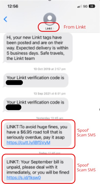 Some texts use a spoofing technique that makes the message appear as if the sender is Linkt. Picture: Linkt