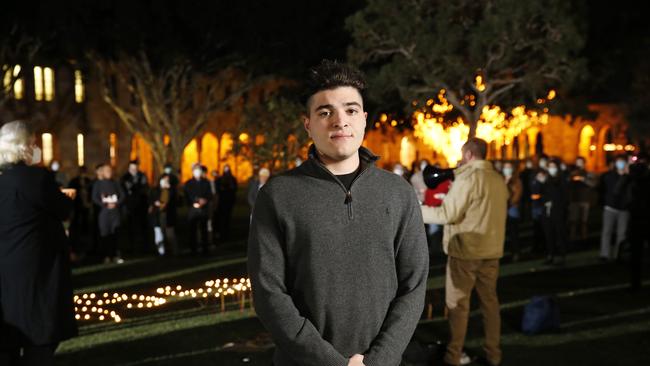 Embattled student activist Drew Pavlou leads a candlelight vigil in memory of the victims of the Tiananmen Square massacre. Picture: Josh Woning