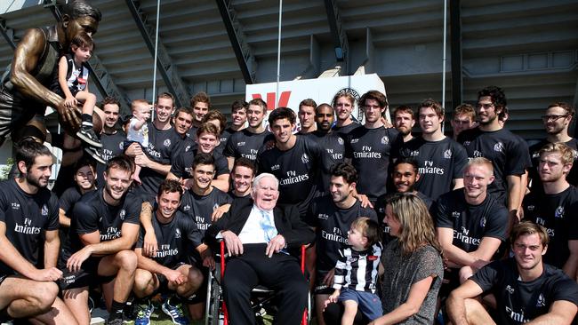 Collingwood players with Lou Richards at the unveiling of his statue outside the Holden Centre. Picture: Wayne Ludbey