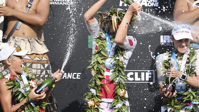 The podium at the 2017 Hawaii ironman world championships.