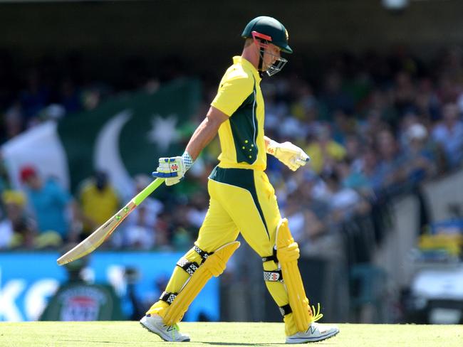 BRISBANE, AUSTRALIA - JANUARY 13: Chris Lynn of Australia looks dejected after losing his wicket during game one of the One Day International series between Australia and Pakistan at The Gabba on January 13, 2017 in Brisbane, Australia.  (Photo by Bradley Kanaris/Getty Images)