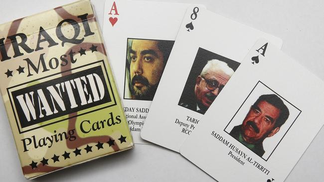 Iraqi Most Wanted playing cards like those issued to US soldiers in the Iraq war to identify fugitives of the Saddam Hussein regime. Picture: John Appleyard