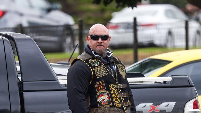 Comanchero Motorcycle Club President Mick Murray with other members arrive for lunch in Tooradin. Picture: Ian Currie