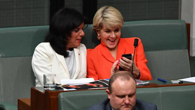 Liberal member for Chisholm Julia Banks and former Liberal deputy leader Julie Bishop during Question Time.