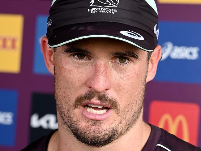 Kobe Hetherington talks to the media.Brisbane Broncos TrainingThursday January 9, 2025. Picture, John Gass