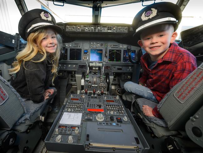 Summer and Max celebrate Melbourne Airport’s 50th Anniversary with a tour of a Virgin Australia Boeing 737. Picture: Jay Town