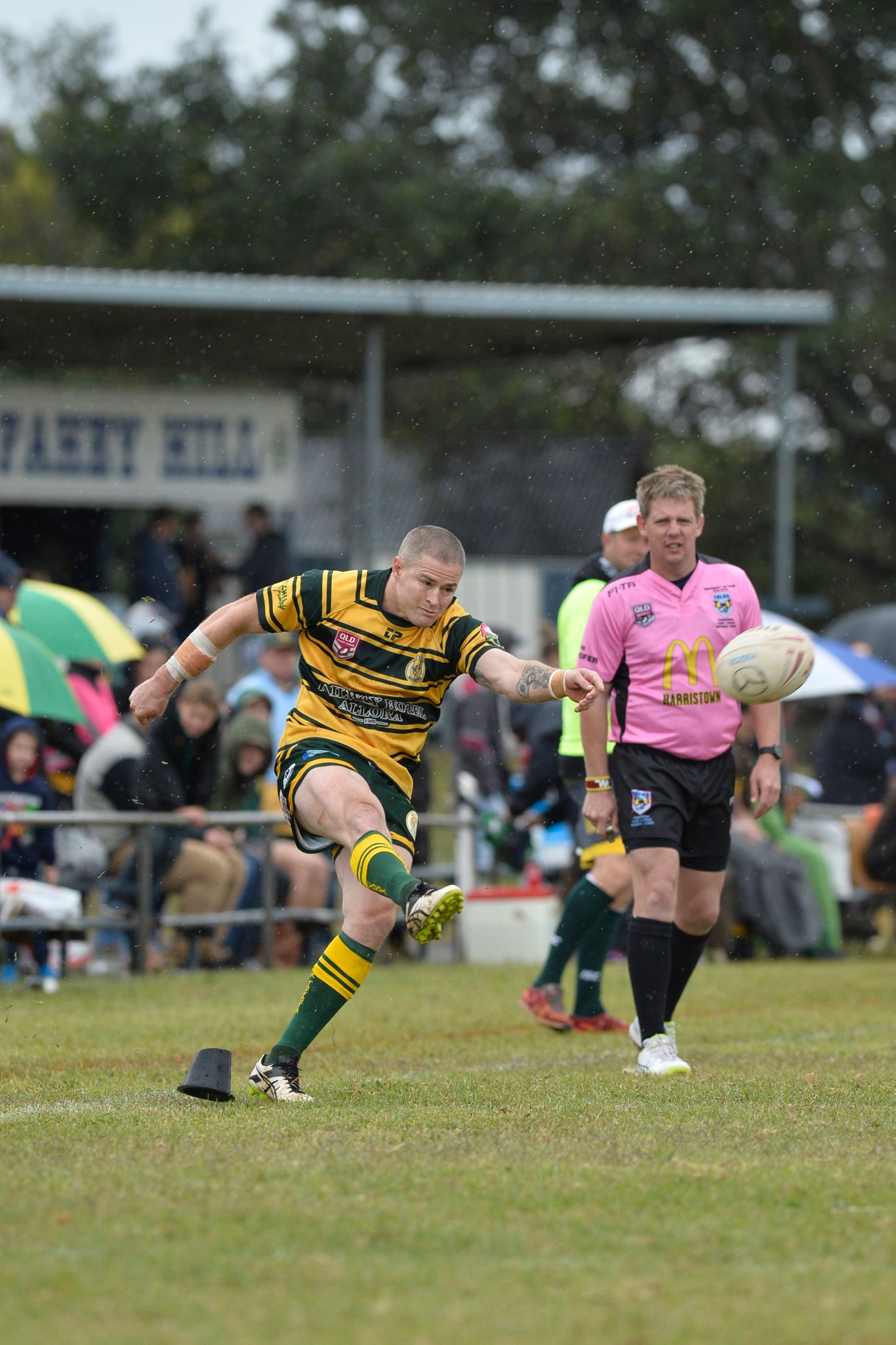 Travis Burns attempts to convert for Wattles against Brothers in TRL Premiership round nine rugby league at Glenholme Park, Sunday, June 2, 2019. Picture: Kevin Farmer