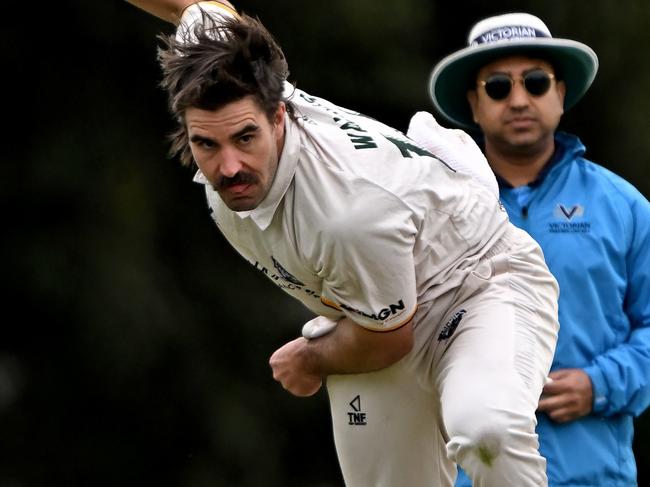 Camberwell MagpiesÃ William Walker during the Premier Cricket match between Camberwell Magpies and Casey South Melbourne at Camberwell Sports Ground  in Camberwell, Saturday, Oct. 28, 2023. Picture: Andy Brownbill