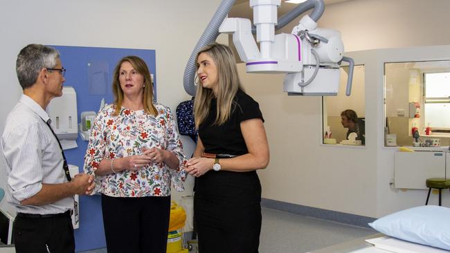 Federal Labor candidate for Petrie Corinne Mulholland (right) and Shadow Health Minister Catherine King (middle) on a visit to Redcliffe Hospital. 