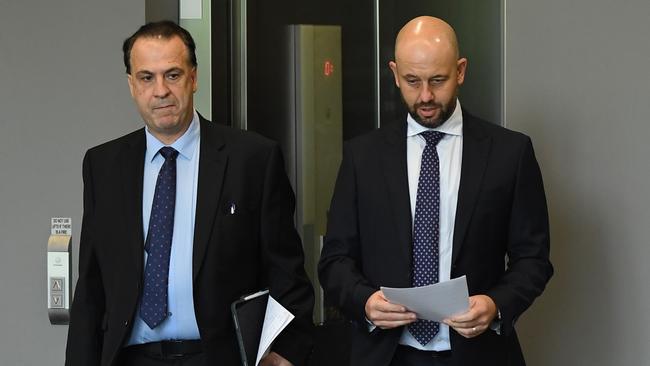 NRL CEO Todd Greenberg (right) and ARLC Chairman Peter V'landys front the media. Picture: AAP