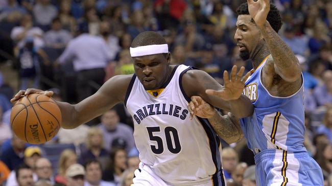 Memphis Grizzlies forward Zach Randolph drives against Denver Nuggets forward Wilson Chandler.