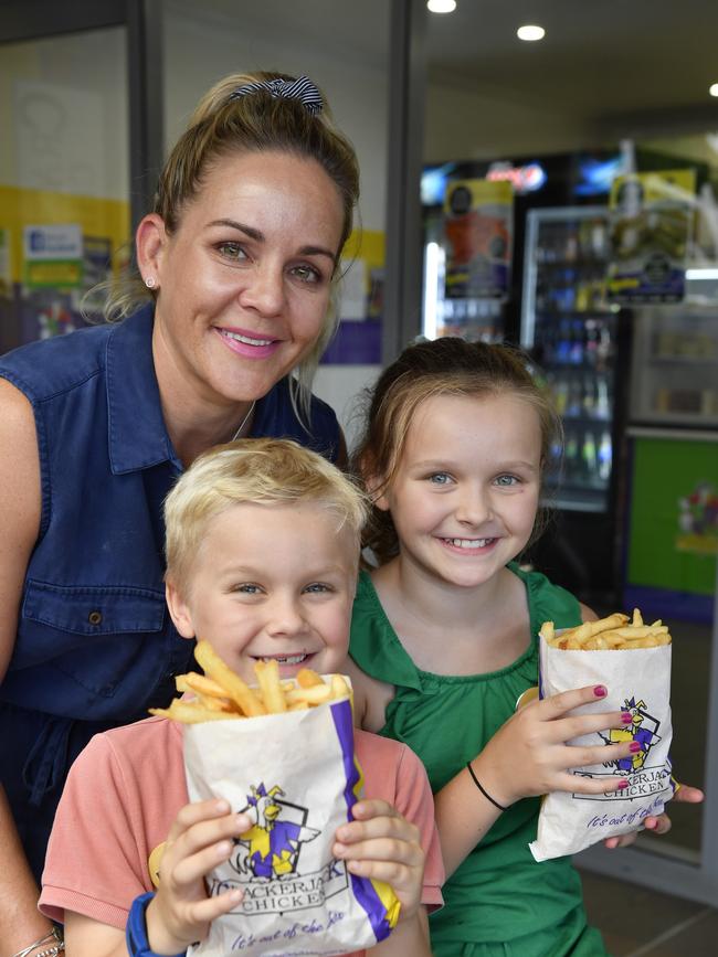 Penny Dowling with her kids Hunter and Bridie who have been featured in promotional material for the popular chain Crackerjack Chicken. Picture: Kevin Farmer