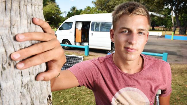 German backpacker Spencer Detje, 26, camps behind bushes in Darwin city because caravan parks and camp sites are "too expensive".