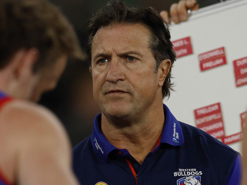 MELBOURNE, AUSTRALIA. May 11, 2024. AFL Round 10. Richmond vs. Western Bulldogs at the MCG. Luke Beveridge, Senior Coach of the Bulldogs at quarter time. Pic: Michael Klein