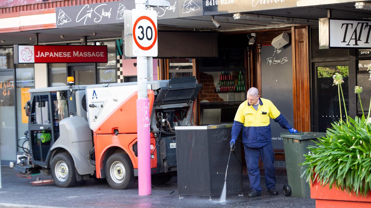 Cleaning on Hindley Street on Tuesday, April 18. Picture: Brett Hartwig