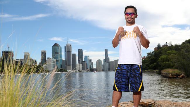 Pacquiao poses in front of the Brisbane skyline. Picture: Peter Wallis