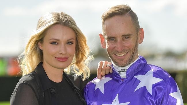 Trainer Claire Lever with her jockey/husband, Chad. Picture: Bradley Photos