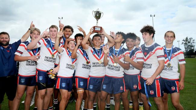 The Central Coast Roosters celebrate win in the Andrew Johns Cup Grand Final. Picture: Sue Graham