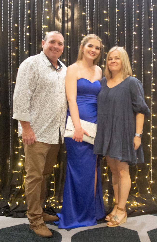 Charlotte, Matthew and Jenny Stewart at the Maroochydore State High School formal 2023.