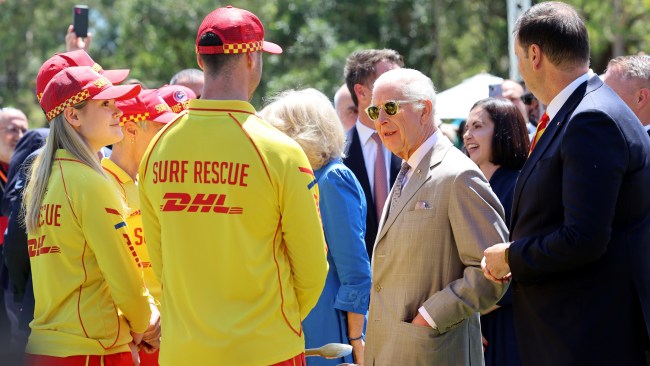 King Charles chats to members of Surf Lifesaving NSW upon his arrival at the Premier's BBQ. Picture: Chris Jackson/Getty Images