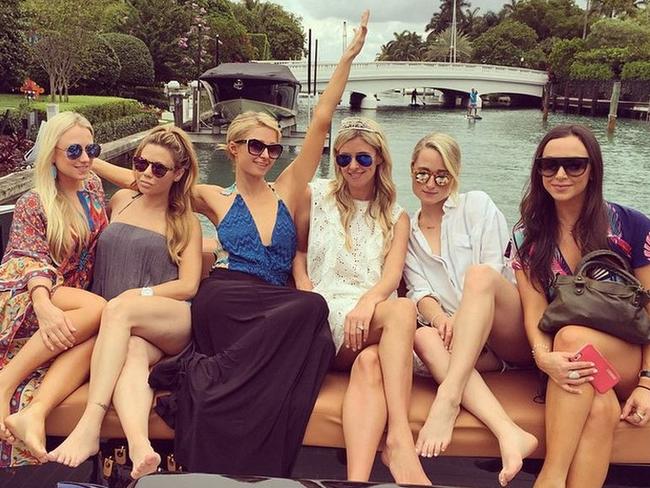 Party time ... socialites Paris and Nicky Hilton with a gaggle of girlfriends in Miami. Picture: Instagram