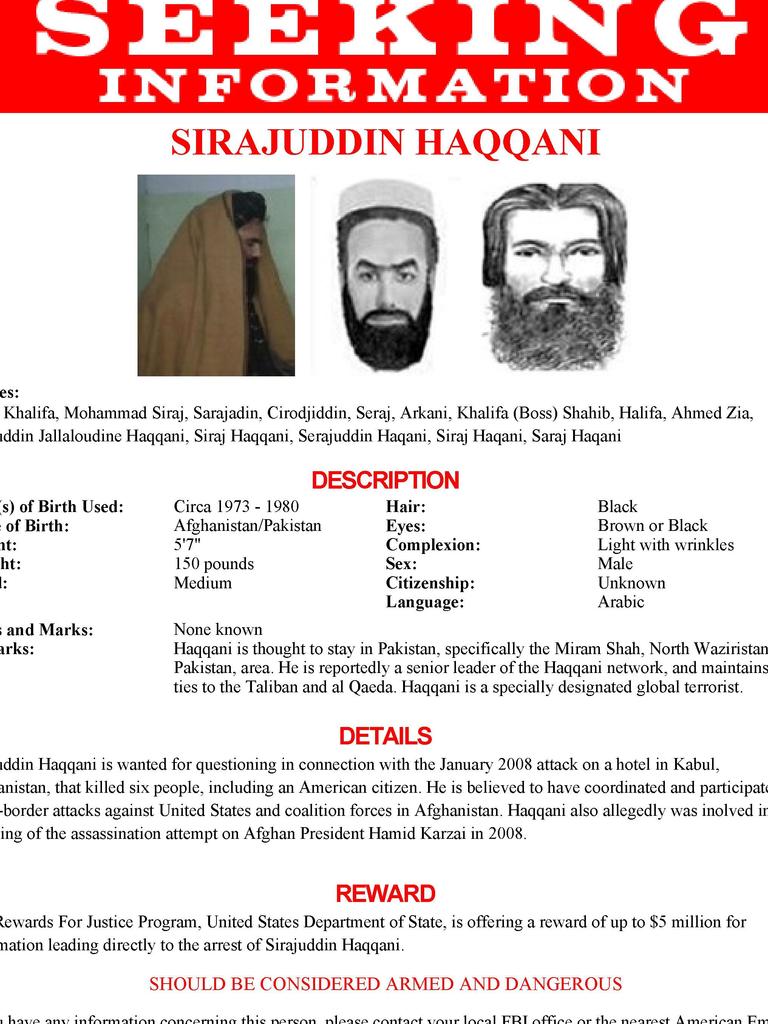 Wanted poster for war lord Sirajuddin Haqqani.