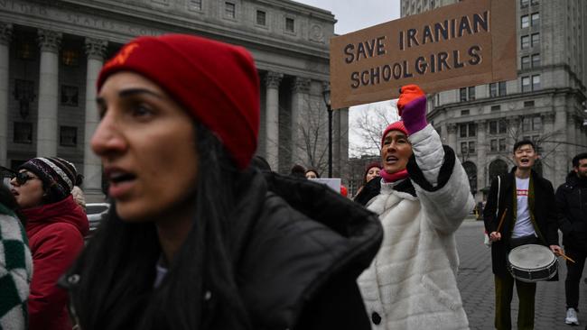 Activists from the Iranian women's rights group Woman Life Freedom protest in New York last weekend over the mass poisoning of Iranian female students. Picture: AFP