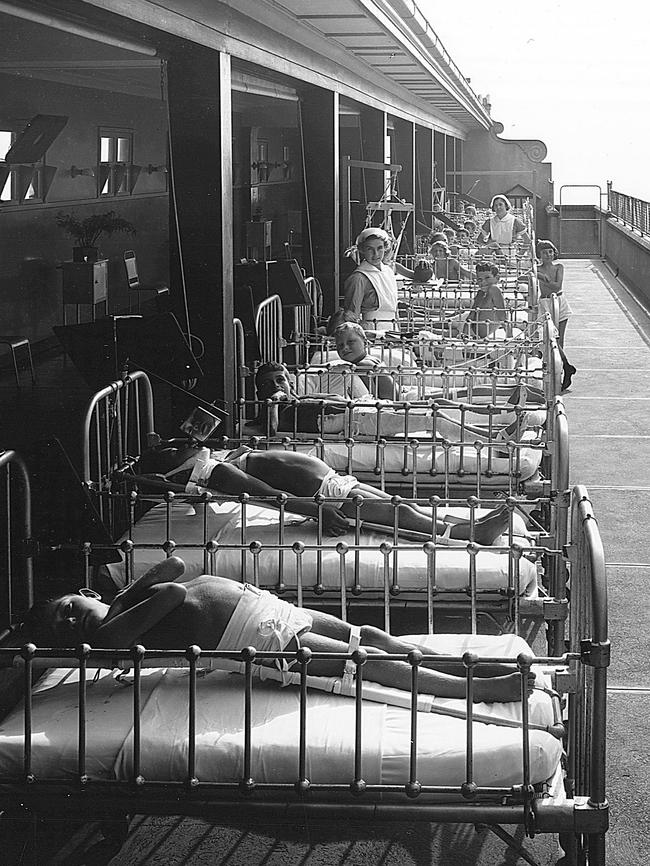 Tuberculosis and osteomyelitis patients receive heliotherapy at the hospital's orthopaedic section in Mt Eliza in the 1930s. Picture: Royal Children’s Hospital Archives.