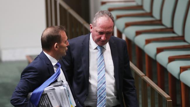 Tony Abbott and Barnaby Joyce leave together after Question Time in the House of Representatives Chamber at Parliament House in Canberra. Picture Kym Smith