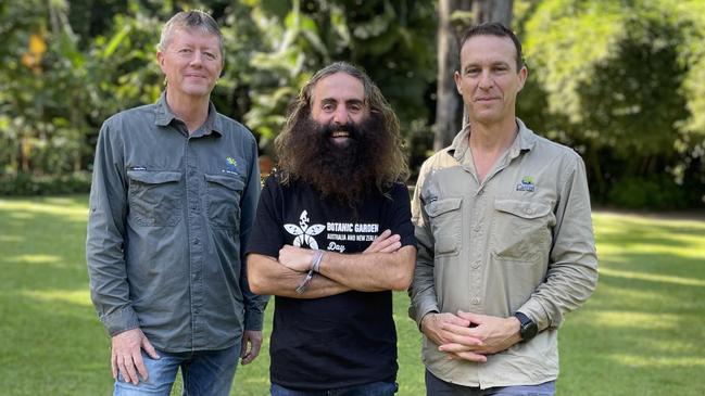 Beloved Australian landscape architect and gardening television personality, and Botanic Gardens Day Ambassador, Costa Georgiadis said he was delighted to visit Cairns Botanic Gardens and meet (left) CBG curator Charles Clarke and ganger Ross Thomas.: Alison Paterson