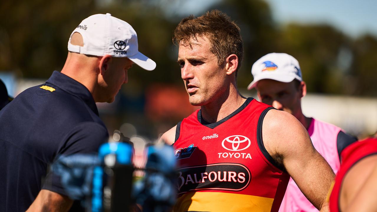 Daniel Jackson, who played for the Crows in the SANFL, talking to senior coach Matthew Nicks. Picture: MATT LOXTON