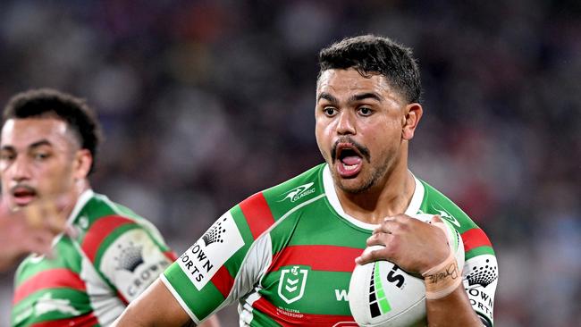 Latrell Mitchell of the Rabbitohs in action during the round 10 NRL match between Melbourne Storm and South Sydney Rabbitohs at Suncorp Stadium on May 06, 2023 in Brisbane, Australia. (Photo by Bradley Kanaris/Getty Images)