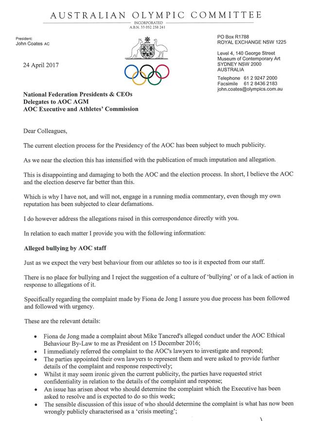 The letter John Coates sent to all Australian Olympic Committee members.