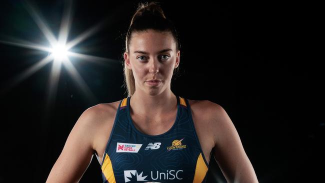 GOLD COAST, AUSTRALIA - FEBRUARY 22:  Ashleigh Ervin poses during the Lightning Super Netball 2023 headshots session at the Gold Coast Leisure Centre on February 22, 2023 in Gold Coast, Australia. (Photo by Matt King/Getty Images for Netball Australia