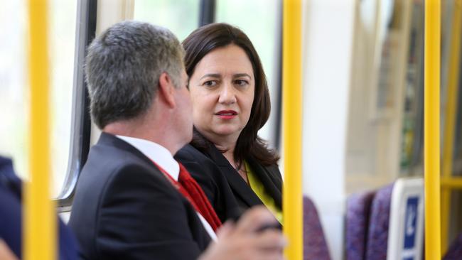 Premier Annastacia Palaszczuk on a train in Brisbane. The late-night document drop showed Queensland Rail is still plagued by dysfunction. Picture Tara Croser