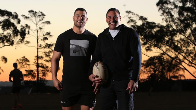 Former Brisbane Broncos Justin Hodges and Jharal Yow Yeh bring star power to the club’s community work. Picture: Josh Woning