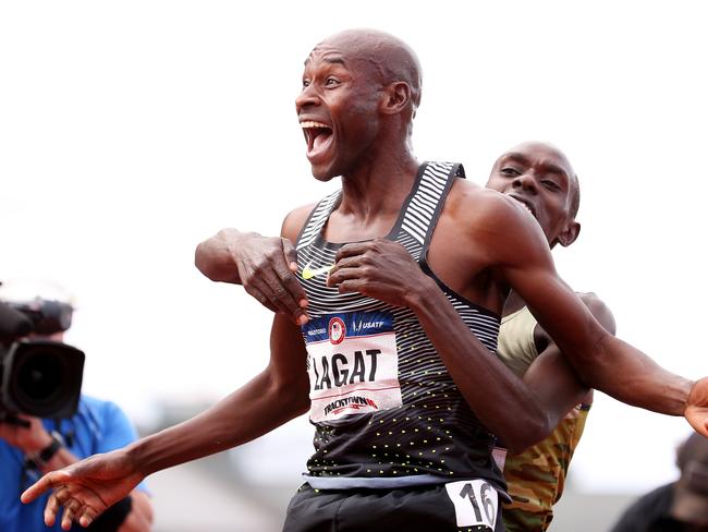 EUGENE, OR - JULY 09:  Bernard Lagat, first place, and Paul Chelimo, third place, celebrate after the Men's 5000 Meter Final during the 2016 U.S. Olympic Track & Field Team Trials at Hayward Field on July 9, 2016 in Eugene, Oregon.  (Photo by Andy Lyons/Getty Images)