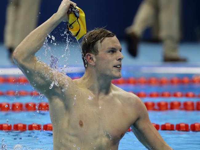 Australia's Kyle Chalmers celebrates winning the gold in the men's 100-meter freestyle during the swimming competitions at the 2016 Summer Olympics, Wednesday, Aug. 10, 2016, in Rio de Janeiro, Brazil. (AP Photo/David J. Phillip)