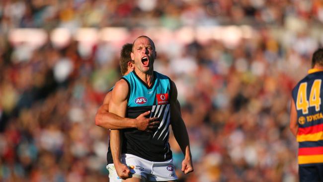 Chad Cornes celebrates kicking a goal. Picture: Calum Robertson