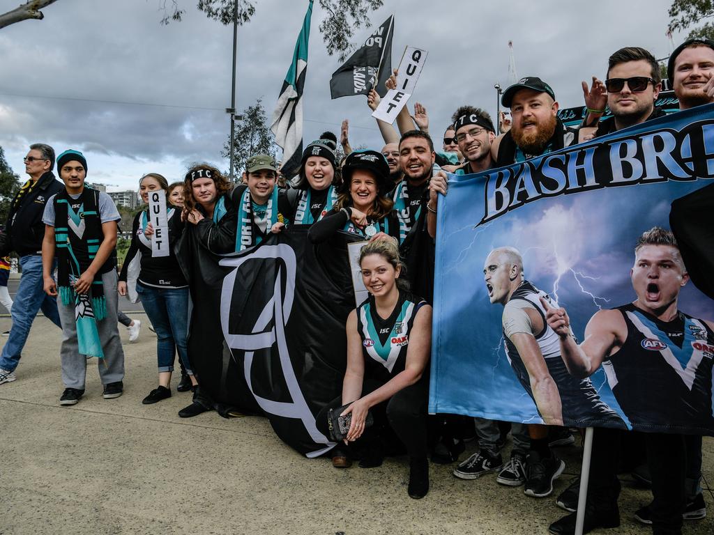 Port Power supporters outside the oval before heading into Showdown 45. AAP Image/ Morgan Sette